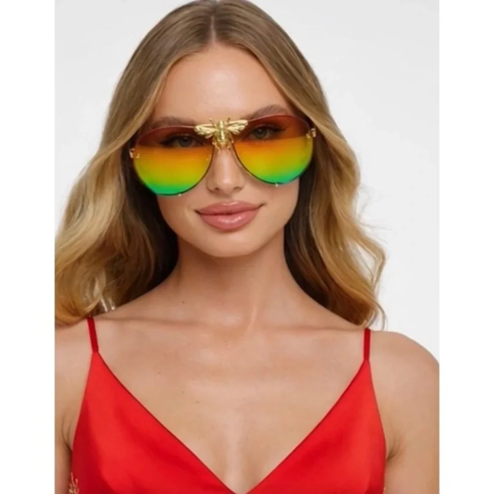 Aviator Sunglasses Rainbow Lens Gold Bee‎ Accent Fashion Sun Glasses